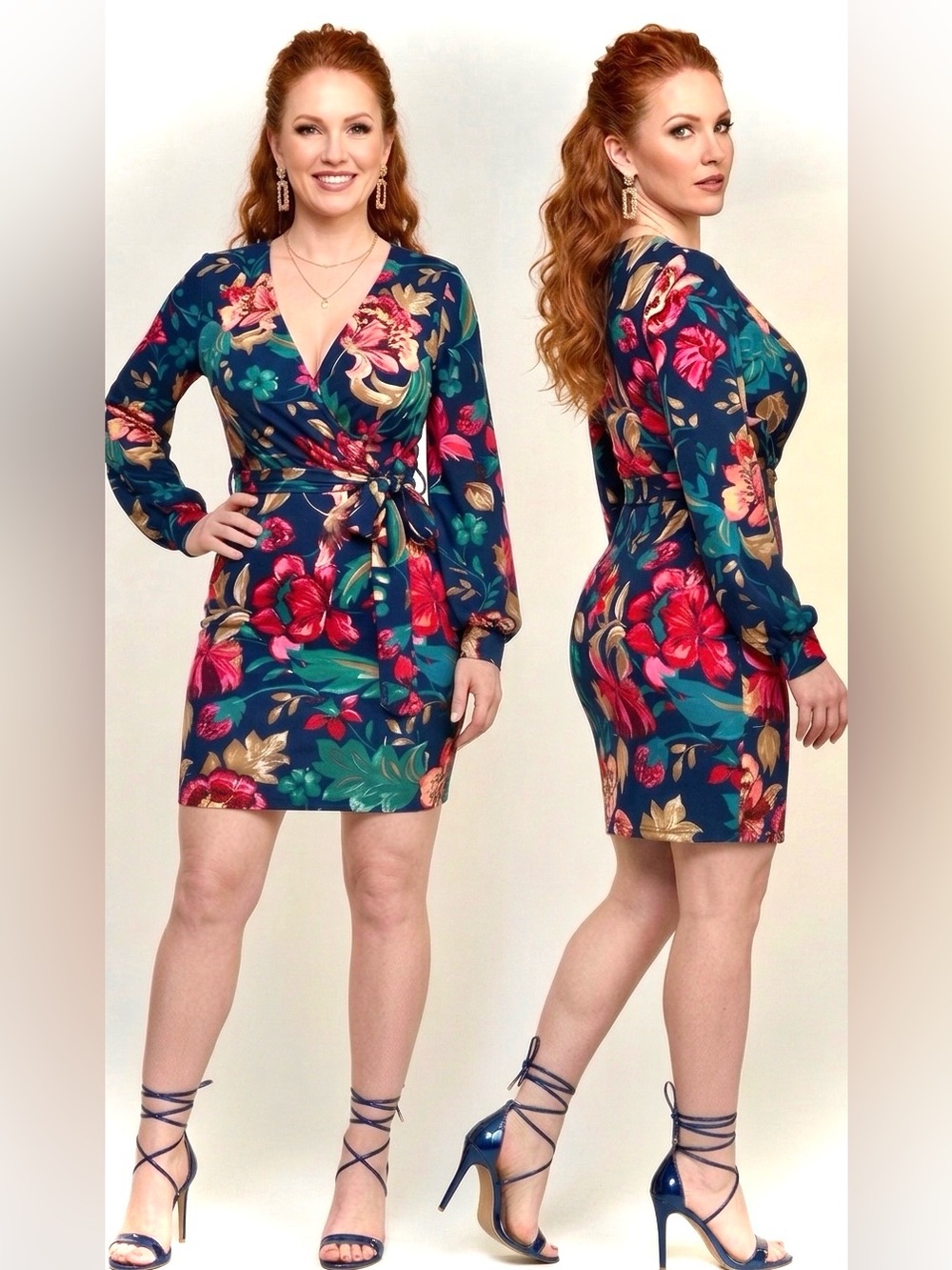 Floral Tie-Waist Long Sleeve Mini Dress Navy, Pink, Red, Dark Teal, Gold Large